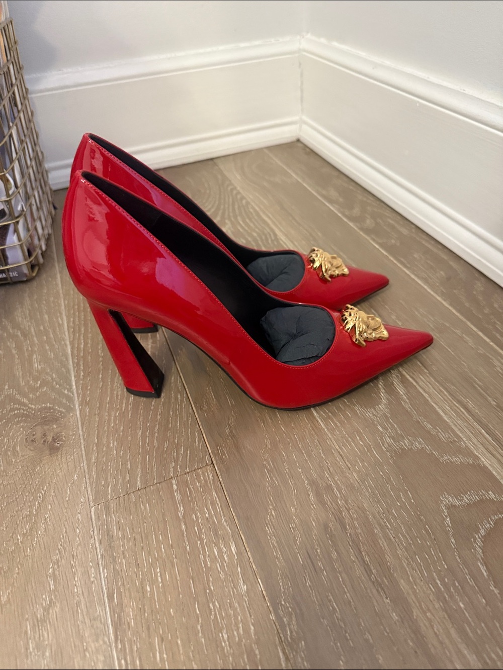 Versace Red Patent Pointed-Toe Pumps with Gold Medusa - Picture 2 of 4
